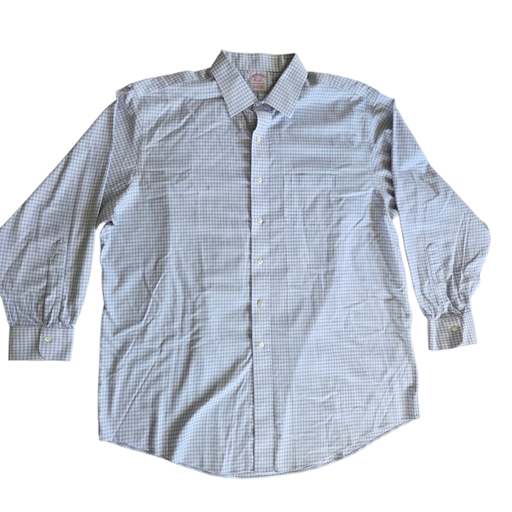 Brooks Brothers Light Blue Checked Button Down Dress Shirt 17.5